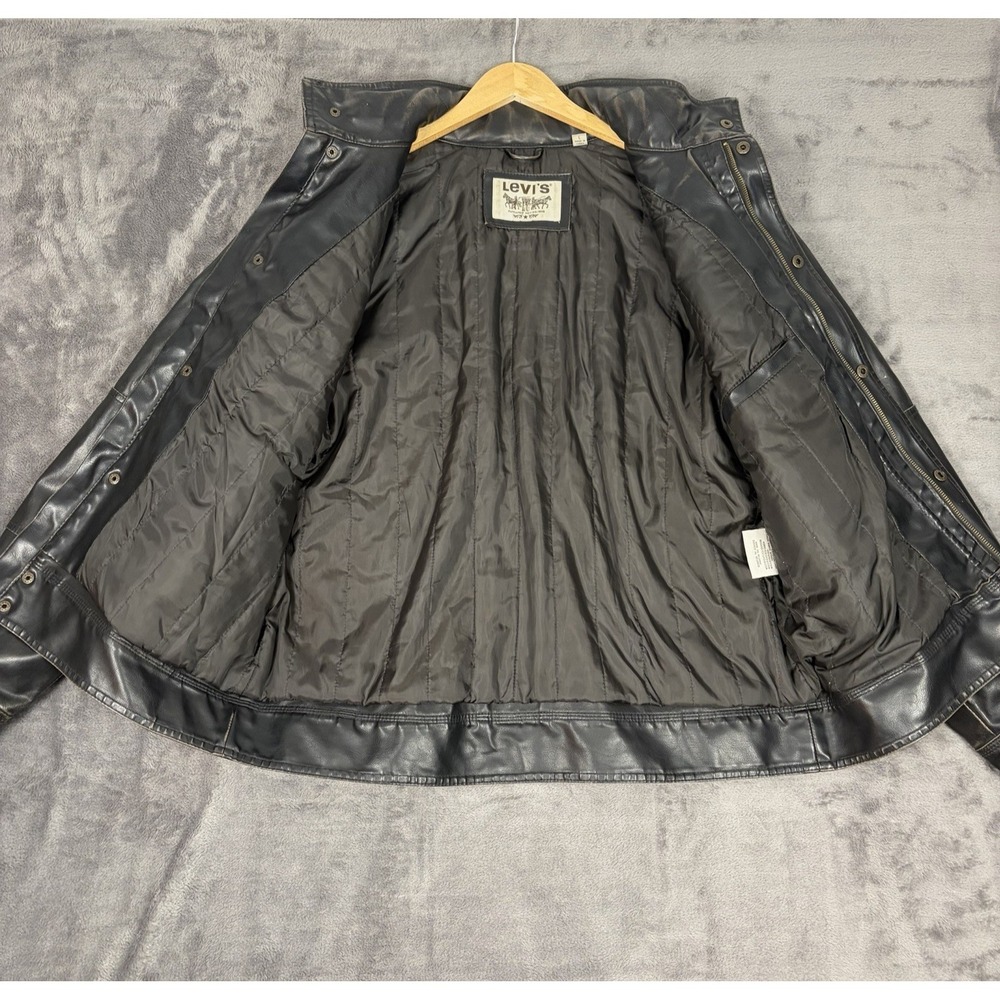Levis Jacket Mens L Brown Faux Leather Trucker Coat Full Zip Snap Outdoor Work - Picture 6 of 12